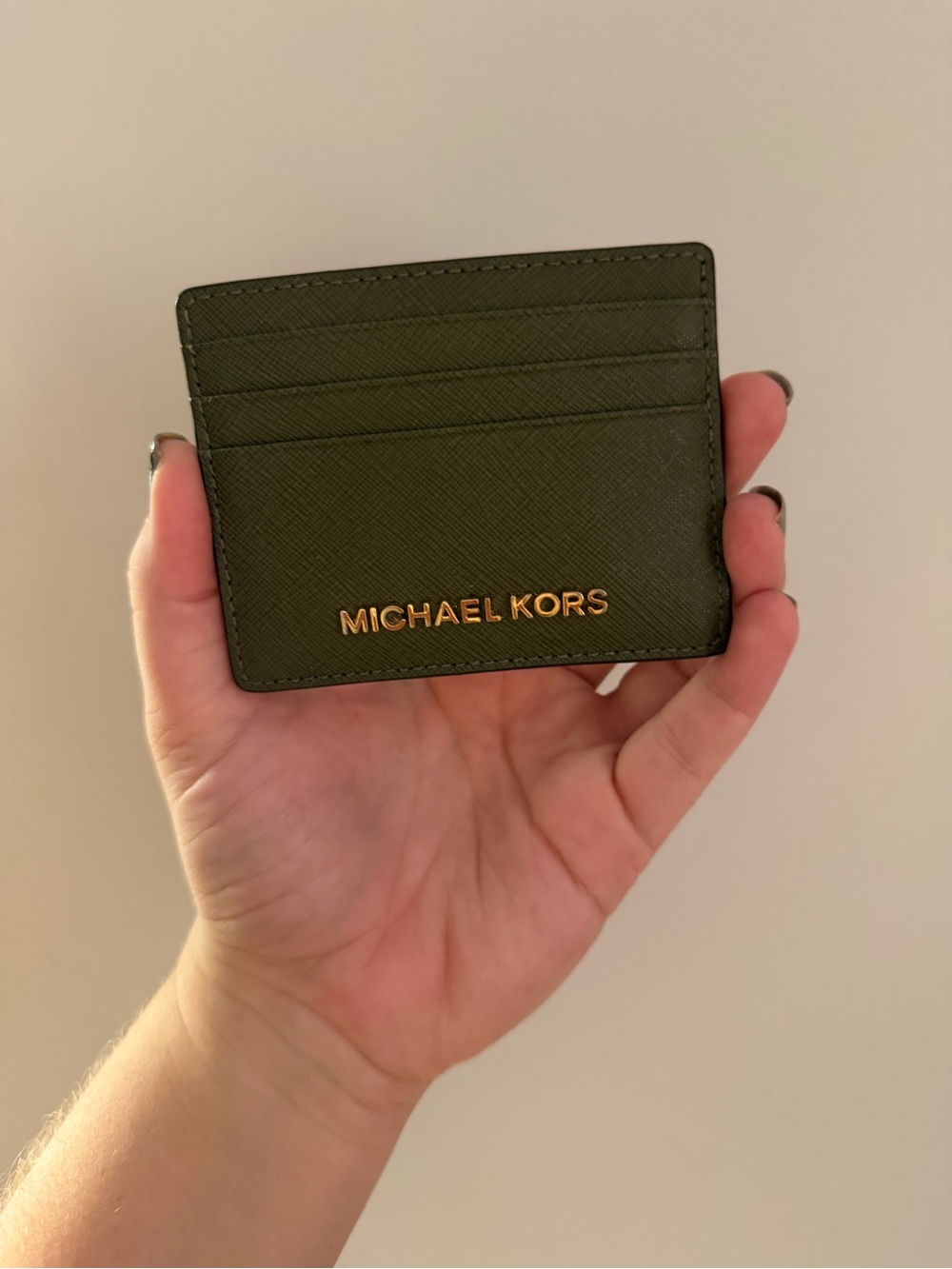 Michael Kors Dark Olive Saffiano Leather Card Case with Gold Logo